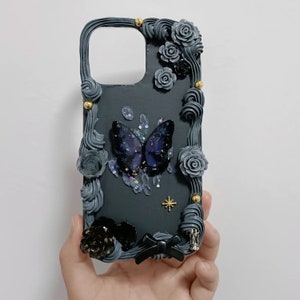 Mystery Butterfly with Gray Frame Decoden Phone Case, Handmade Fashion Phone Case, Fake Cream Phone Case for Samsung, Apple, Android