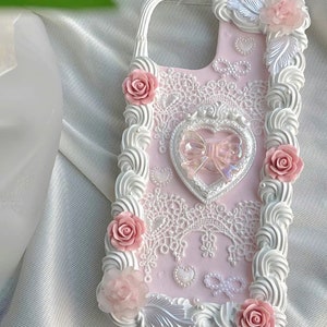 Baby Pink Heart Decoden Phone Case for All Brand, Light Pink Roses Decoden Cream Phone Case, Handmade iPhone 14 Case, Samsung, Android