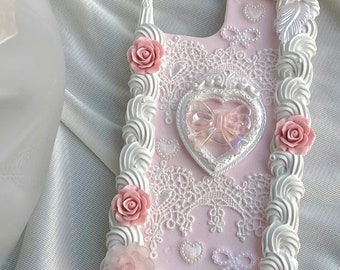 Funda de teléfono Baby Pink Heart Decoden para todas las marcas, funda de teléfono crema Decoden de rosas rosa claro, funda hecha a mano para iPhone 14, Samsung, Android