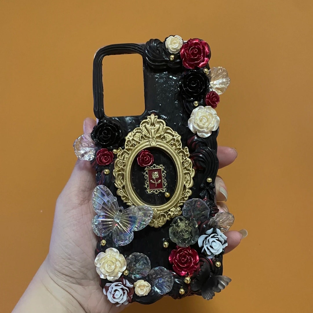 Black and Red Roses Decoden Phone Case for All Brand, Baroque Roses Icing Decora Phone Case