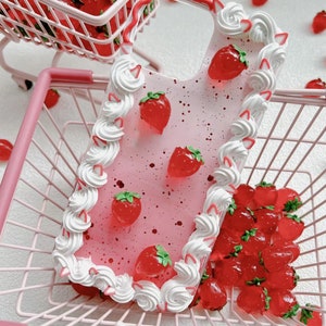 Strawberry Cake Decoden Phone Case for All Brand, Fake Cake Cute Phone Case, Icing Decora Phone Case, iPhone 14 Case, Samsung, Android