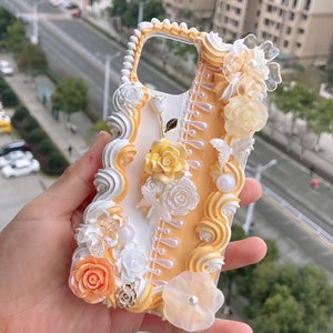 Fresh Orange Decoden Phone Case for All Brand, Baroque Roses and Flowers Icing Decora Phone Case, Handmade iPhone 14 Case, Samsung, Android