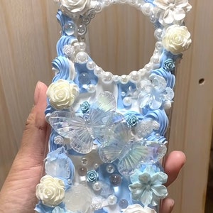 Blue Garden Decoden Phone Case for All Brand, Butterfly and Roses Aesthetic Handmade Gift Cream Phone Case, iPhone 14 Case, Samsung, Android