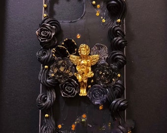 Gold Angel Black Baroque Style Decoden Phone Case for All Brand, Black Roses and Gold Glitter Cream Case,  Phone case iPhone 14, Samsung
