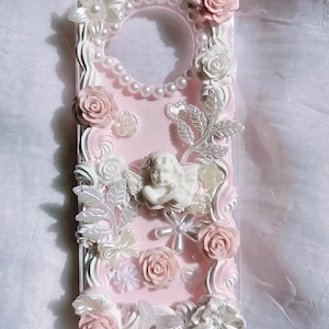 Baby Pink Angel Decoden Phone Case for All Brand, Baroque Fake Pink Icing Decora Phone Case, Handmade iPhone 14 Case, Samsung, Android Pixel