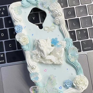 Baby Blue Angel Photo Frame Baroque Decoden Handmade Phone Case pour toutes les marques, Étui personnalisé pour iPhone Samsung Android