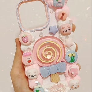 Big Kawaii Lollipop Decoden Phone Case for All Brand, Cute kitty Fake Cream Case, Customized Case Samsung Android