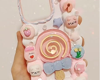 Big Kawaii Lollipop Decoden Phone Case for All Brand, Cute kitty Fake Cream Case, Customized Case Samsung Android