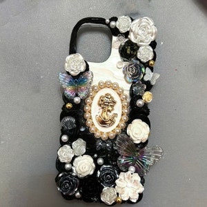 Decoden Phone Case for All Brand, Black and White Roses and Portrait Handmade Gift Cream Phone Case, iPhone 14 Case, Samsung, Android