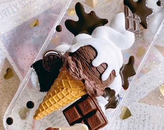 Big Melting Chocolate Ice Cream Cone Decoden Phone Case for All Brand, Candy Fake Cream Case iPhone 11, Customized Case for Samsung Android