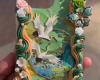 Classical Style Pastel Green Decoden Phone Case for All Brand, Spring Crane Theme Cream Phone Case, Handmade iPhone 14 Case, Samsung Android