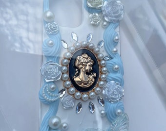 Baby Blue and Lady Portrait Decoden Handmade Phone Case for All Brand, Baroque Style Garden, Customized Case for iPhone Samsung Android