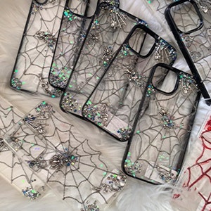 Halloween Design Spider Web with Blue Glitter Resin Phone Case for All Brand, Skeleton and Vampires, Customized Case for Samsung Android