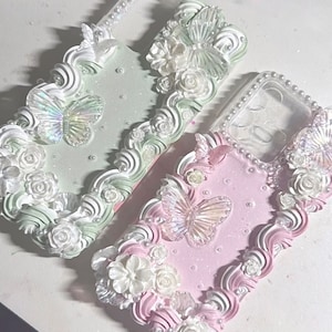 Baby Pink and Green Decoden Phone Case for All Brand, Aesthetic Handmade Gift Cream Phone Case, iPhone 14 Case, Samsung, Android