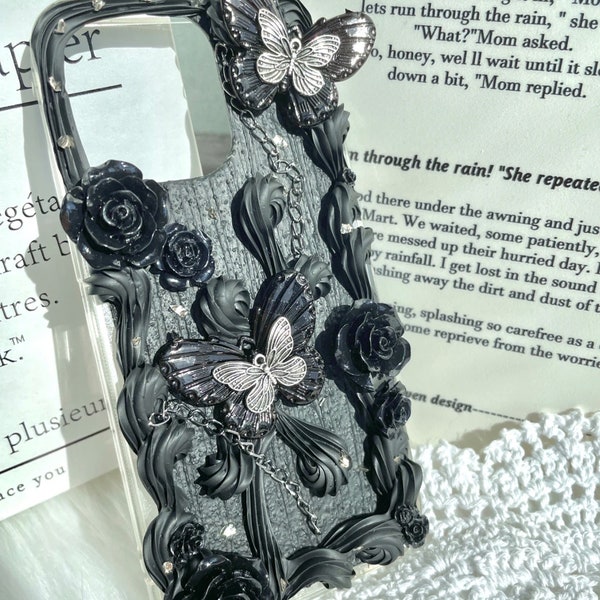 Goth Black Decoden Phone Case for All Brand, Black Butterfly and Chain Phone Case, Handmade iPhone 14 Case, Samsung, Android