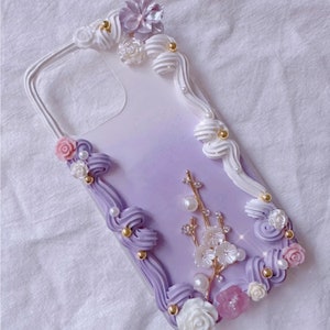 Violet Ombre Classical Decoden Phone Case with Roses for All Brand, Cream Phone Case, Handmade iPhone 14 Case, Samsung, Android