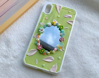 Colourful Flowers Frame Mirror Decoden Phone Case for All Brand, Green Garden Fake Cream Phone Case, Phone case iPhone 14, Samsung, Android