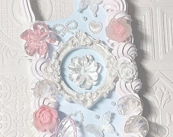 Baby Blue Baroque Style Decoden Phone Case with Pink Butterfly for All Brand, Cream Phone Case, Handmade iPhone 14 Case, Samsung, Android