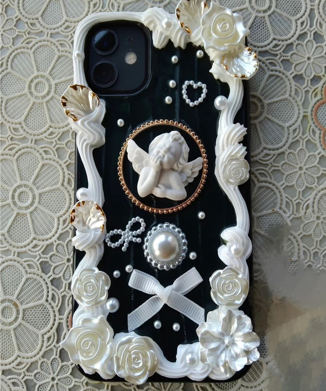 Black and White Decoden Phone Case for All Brand, Baroque Roses White Icing Decora Phone Case