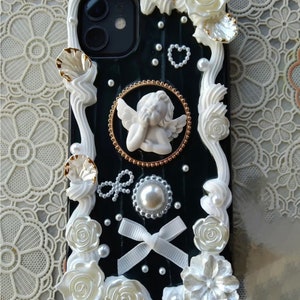 Schwarz und Weiß Decoden Handyhülle für alle Marken, Barocke Rosen Weiß Icing Decora Handyhülle, Handgemachte iPhone 14 Hülle, Samsung, Android