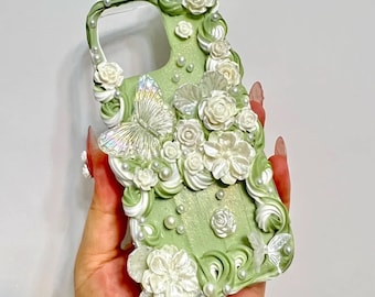 Green Garden Baroque Decoden Handmade Phone Case for All Brand, Butterfly and Rose Charms, Customized Case for iPhone Samsung Android