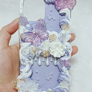 Light Purple Gorgeous Baroque Style Decoden Phone Case for All Brand, Butterfly and Roses Fake Cream Case, Customized Case Samsung Android