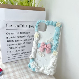 Decoden Phone Case, Blue Bow Chic Baroque Style Case, Handmade Fake Cream Phone Case for Samsung, Apple, Android imagem 4