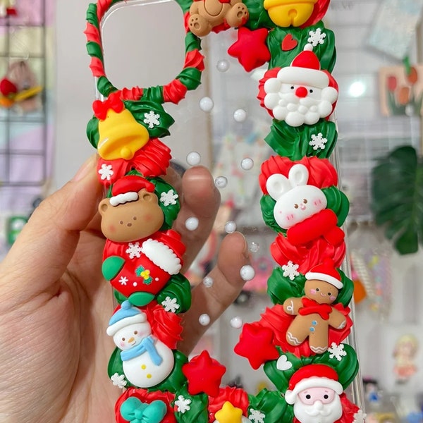 Christmas Decoden Phone Case, Santa Claus and His Friends, Green and Red, Handmade Decoden Case for Samsung, Apple, Android, iPhone 14