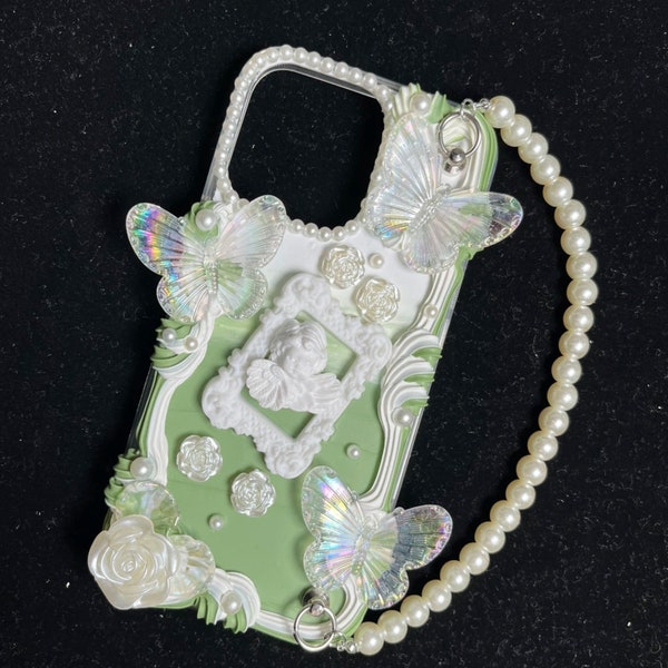 Pastel Green Ombre Decoden Phone Case with Chain for All Brand, Aesthetic Handmade Gift Cream Phone Case iPhone 14 Case, Samsung, Android