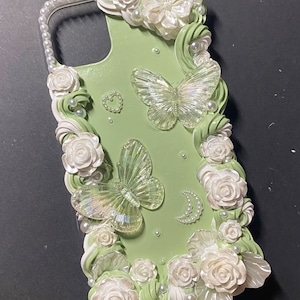 Green and White Baroque Style Angel Decoden Phone Case with Butterfly and Roses, Handmade Cream Phone Case for Samsung, Apple, Android