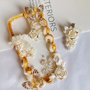 Gold Weiß Retro Barock Stil Decoden Handytasche für alle Marken, Gold Schmetterling und Rosen Fake Cream Hülle, Personalisierte Hülle Samsung Android
