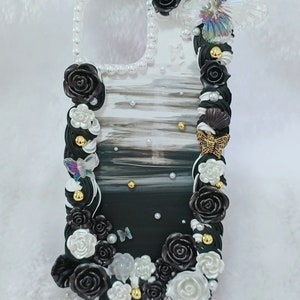 Black and White Roses Ombre Baroque Decoden Handytasche, Handgemachte Decoden Hülle, Handgemachte Fake Cream Handyhülle für Samsung, Apple, Android