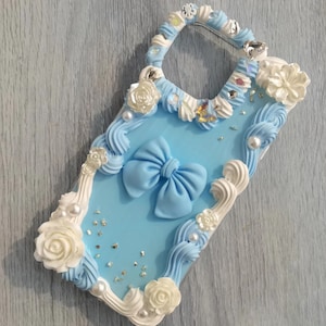 Cute Blue Decoden Phone Case for All Brand, Cute Bow Phone Case with Roses, Handmade iPhone 14 Case, Samsung, Android