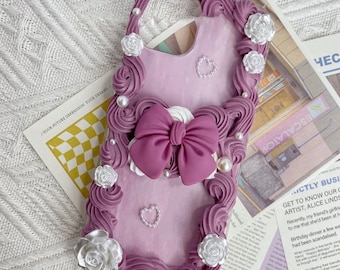 Dark Pink Bow Decoden Phone Case with Roses for All Brand, Cream Phone Case, Handmade iPhone 14 Case, Samsung, Android