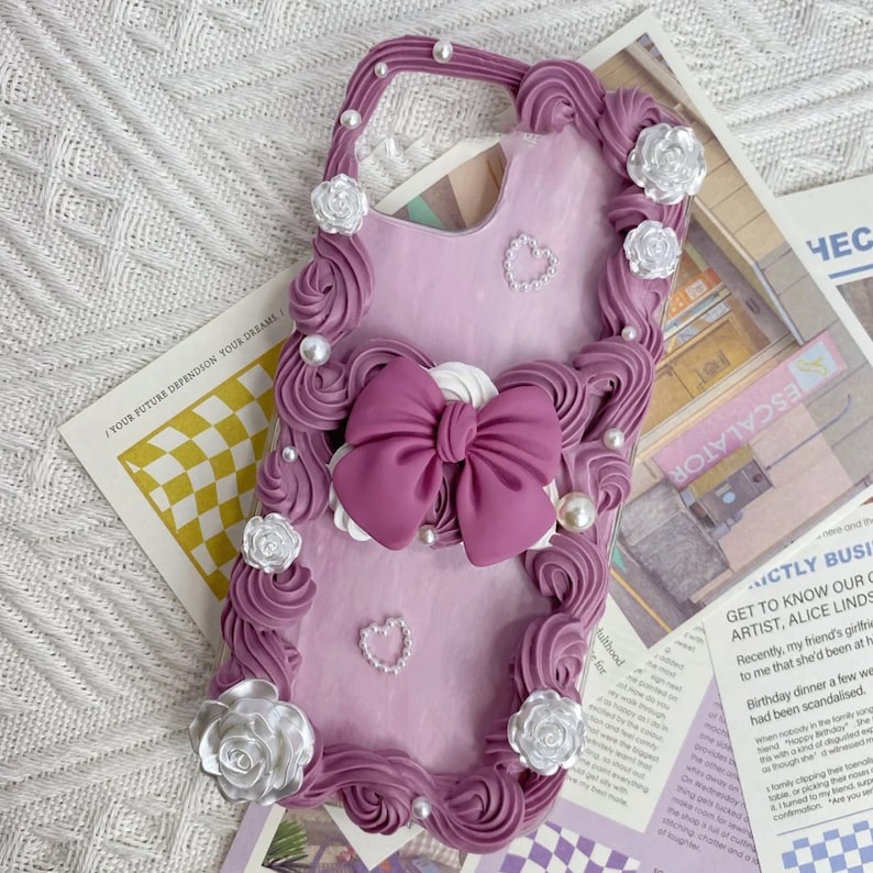 Dark Pink Bow Decoden Phone Case with Roses for All Brand, Cream Phone Case, Handmade iPhone 14 Case, Samsung, Android image 1
