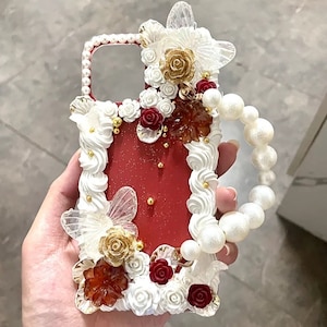 Magnifique étui de téléphone décodé baroque rose et or avec chaîne, étui à paillettes, étui de téléphone faux crème fait à la main pour Samsung, Apple, Android