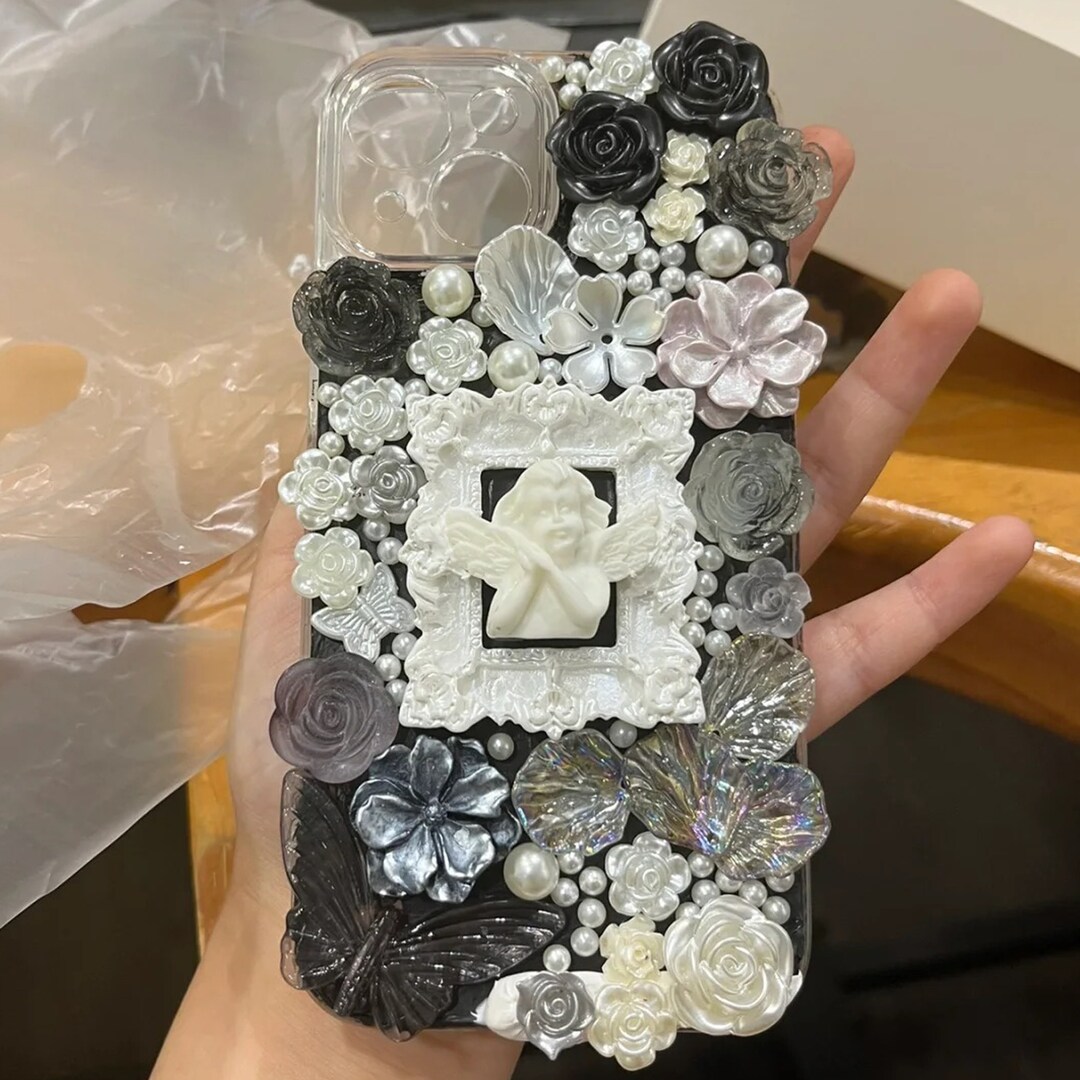 Baroque Decoden Phone Case for All Brand, Black and White Roses, Icing Decora Phone Case