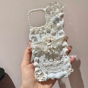 Light Blue and White Angel Decoden Phone Case for All Brand, Roses Cream Phone Case, Handmade iPhone 14 Case, Samsung, Android