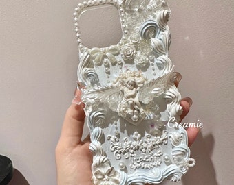 Light Blue and White Angel Decoden Phone Case for All Brand, Roses Cream Phone Case, Handmade iPhone 14 Case, Samsung, Android