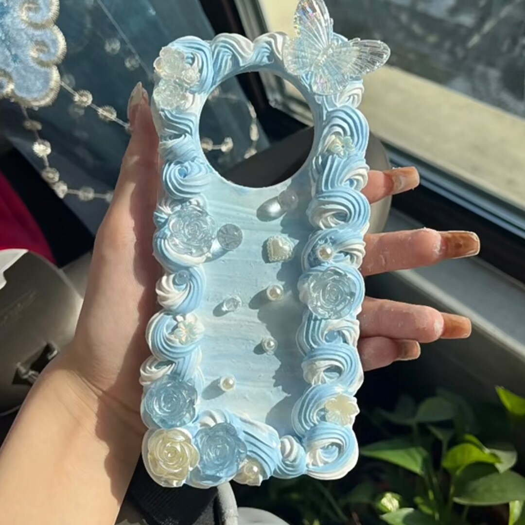 Blue and White Ombre Decoden Phone Case for All Brand, Baroque Butterfly Decora Phone Case