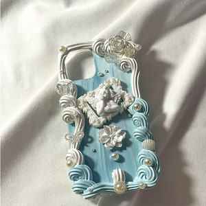 Blue Baroque Pearl Style Decoden Phone Case with Butterfly Angel for All Brand,  Decoden Case iPhone 11, Customized Case for Samsung Android