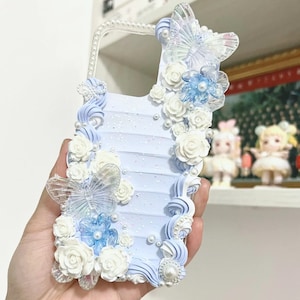 Baby Blue Baroque Decoden Phone Case for All Brand, Butterflies and Roses Fake Cream Phone Case, Phone case iPhone 14, Samsung, Android