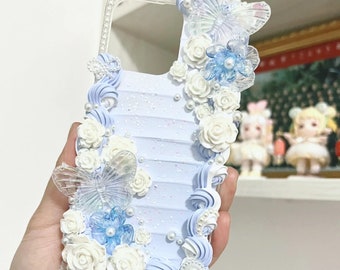 Baby Blue Baroque Decoden Phone Case for All Brand, Butterflies and Roses Fake Cream Phone Case, Phone case iPhone 14, Samsung, Android