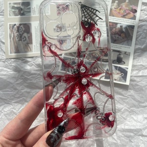 Red Spider Web Phone Case for All Brand, Clear Decoden Phone Case, Halloween Handmade iPhone 14 Case, Samsung Android