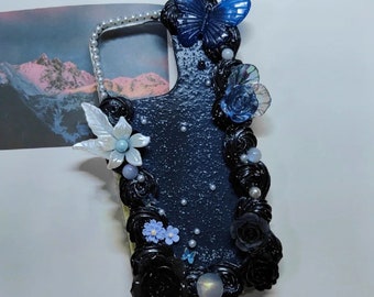 Dark Blue and Black Oil Paint Texture Baroque Style Decoden Phone Case for All Brand, Cream Phone Case, Phone case iPhone 14 Samsung Android