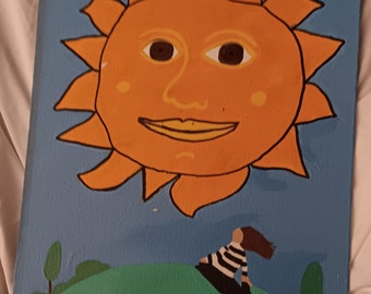 Sun painting, sun with girl on hill, painting of girl with sun, children's art, children's artwork of sun