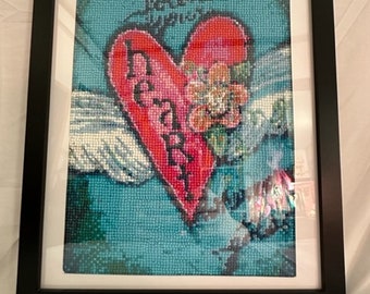 Finished diamond painting heart, "Follow Your Heart Wherever it Goes", Lovers, Anniversary, Inspirational