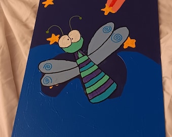 dragonfly children's artwork, dragon fly, dragonfly with stars, shooting star, nursery art, nursery, baby, kids room, cute dragonfly