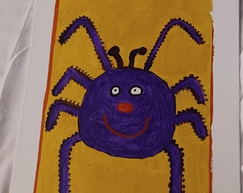 Spider, Charlotte's Web, cartoon spider, purple spider, arachnid, crawling spider, tarantula, spider on yellow board measuring 10" X 20".