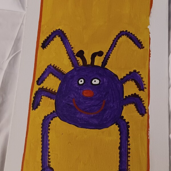 Spider, Charlotte's Web, cartoon spider, purple spider, arachnid, crawling spider, tarantula, spider on yellow board measuring 10" X 20".